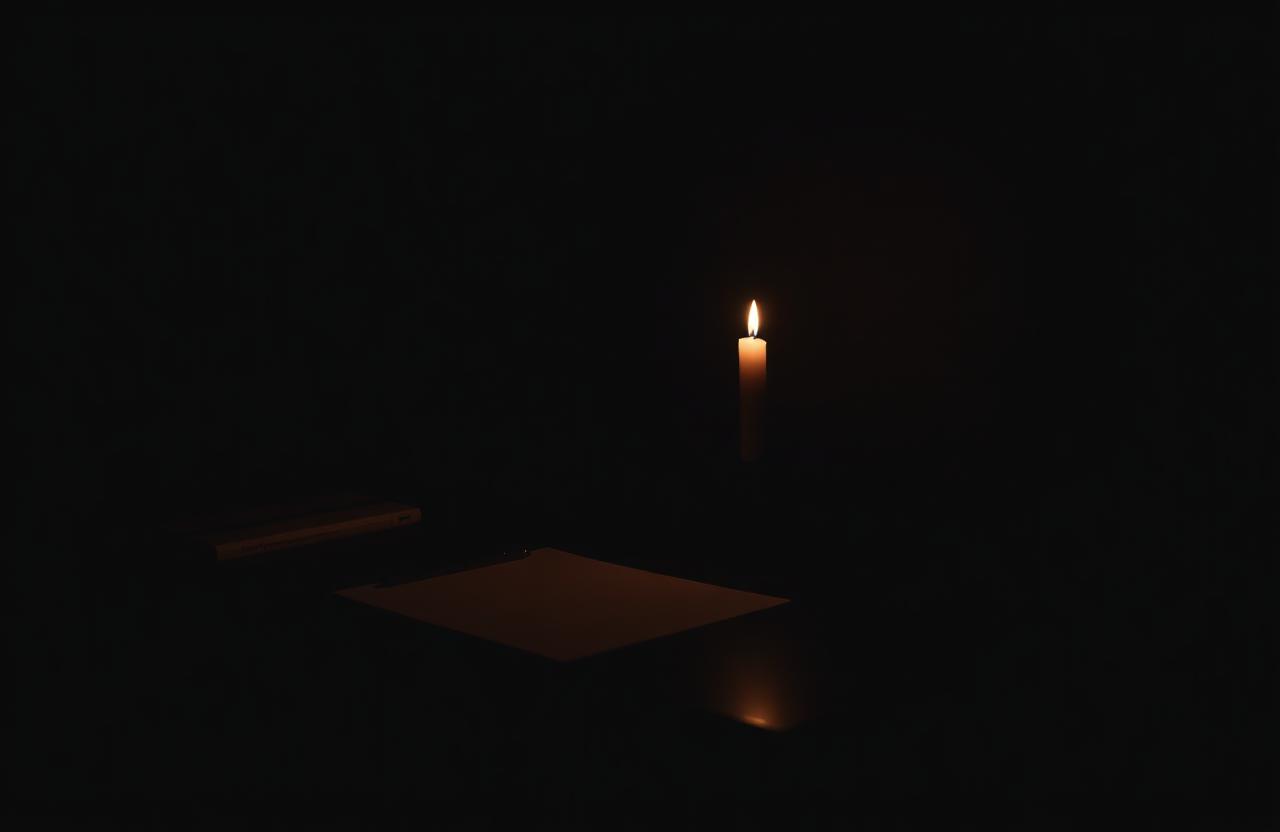 A single candle burning on a dark desk — the visual anchor of focus.